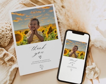 Birthday Thank You Photo Card, Photo Thank You Card Template, Minimalist Simple Modern Picture Thank You, Editable Canva Template