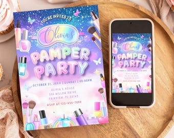 Pamper Birthday Invitation, Editable Neon Glow Pamper Spa Invitation, Pamper Party Invitation, Glitz Glam Makeup Glow Party, Canva