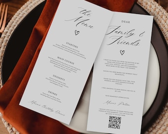 Modern Menu and Thank you Card, Elegant Wedding Menus, Modern Minimal Editable Menu Card for Wedding, Wedding Menu, Edit with Canva