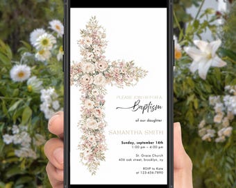 Dusty Pink Floral Baptism Phone Invitation: Girl Baptism Invitation Template (Canva Editable)
