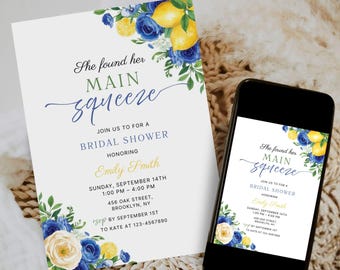 Bearbeitbare Brautduscheneinladung mit blauer Zitrone, blaue Blumenzitrusfrüchte, die sie fand, ihre Hauptpresse einladen, Zitronenthema, blaue Zitronen, Canva-Vorlage