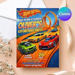 Editable Hot Cars Birthday Invitation Template: Let's Race Birthday Party Digital Invitation, Hot Wheel Birthday Invitation, Canva Template