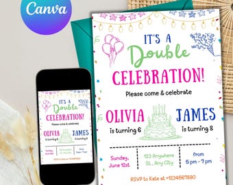 Join Party Birthday Invitation, Sibling Birthday Party, Double Birthday Invitation, Join Birthday Party invite Editable Canva Template