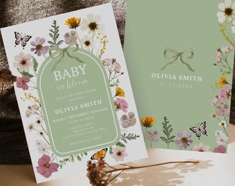 May include: Baby shower invitations with floral and butterfly designs. The invitation on the left has the text "Baby in Bloom" and event details. The invitation on the right features a bow and the name "Olivia Smith". The color palette includes green, pink, and yellow.