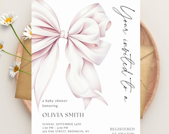 Pink Bow Baby Shower Invitation, Editable Coquette Bow Invitation Baby Girl, Baby Shower Invite Girl Coquette Bow, Canva Template
