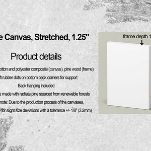 May include: Two white matte canvas art panels with a 1.25-inch frame depth. The product details include materials: cotton and polyester composite canvas, pine wood frame, soft rubber dots, and back hanging. The inner frame is made with radiata pine.