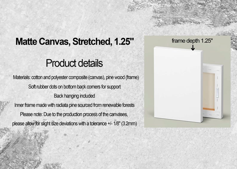 May include: Two white matte canvas art panels with a 1.25-inch frame depth. The product details include materials: cotton and polyester composite canvas, pine wood frame, soft rubber dots, and back hanging. The inner frame is made with radiata pine.