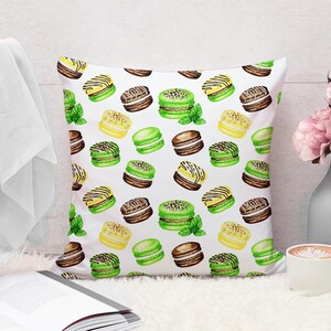 Funda de almohada con diseño de macarons, coloridas galletas francesas, cojín decorativo de postre dulce para la cocina.