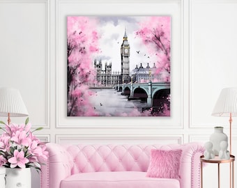 Quadro su tela del Big Ben di Londra, dipinto rosa di Londra, arte murale di Londra, stampa di Londra, opera d'arte di Londra, decorazione murale di Londra, stampa del Ponte di Westminster