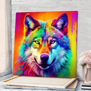 Bunter Wolf Leinwand Wandkunst Wolf Wandkunst Wolf Druck Wolf-Wand-Dekor Wolf Poster Wolf Malerei Tier Wand Kunst Tierdruck
