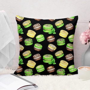 Funda de almohada con diseño de macarons, cojín decorativo con galletas francesas, ideal para decorar la cocina.