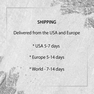 May include: Text on a textured, silver-colored background reads "SHIPPING" followed by "Delivered from the USA and Europe." Additional text indicates delivery times for the USA, Europe, and the World.