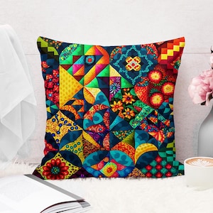 Colorful Patchwork Pillow Cover Abstract Floral Cushion Throw Pillow Boho Home Decor Decorative Accent Pillow