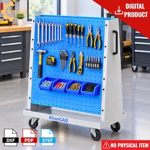 Puede incluir: Un carro de herramientas móvil de metal azul y blanco con un panel perforado que contiene varias herramientas manuales, incluyendo llaves, destornilladores, alicates, un martillo, una cinta métrica y dados. Cuatro cajas azules están fijadas.