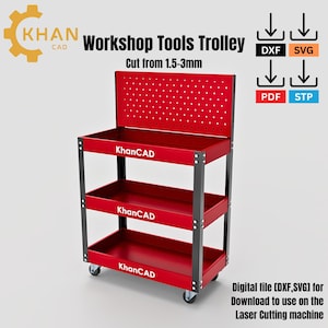 Pode incluir: Carrinho de ferramentas de oficina vermelho com três prateleiras e um painel traseiro perfurado. O carrinho tem suportes e rodas de metal preto. O texto "KhanCAD" é impresso nas prateleiras. A imagem também inclui o texto "Workshop Tools Trolley" e "Digital file [DXF,SVG] for Download to use on the Laser Cutting machine."