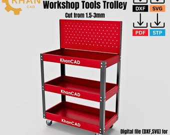 KhanCAD DIY Workshop Tool Trolley Laser Cut Files | Industrial Tool Cart DXF | Garages Metal Tool Organizer CNC Plasma Laser Cutting Design