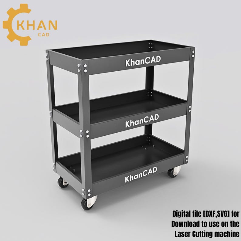 May include: A three-tiered, dark gray metal utility cart with the text "KhanCAD" on each shelf. The cart has four wheels and is designed for use with a laser cutting machine. The image also includes the KhanCAD logo.