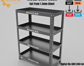 May include: A black metal shelf rack with four shelves. The text "Metal Shelf Rack" and "Cut From 1-3mm Sheet" are displayed. The brand name "KhanCAD" is visible on the shelves. Digital file formats are also shown.