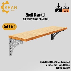 Puede incluir: Un soporte de estante de metal con un diseño de corte decorativo. El soporte se muestra unido a un estante de madera. La imagen incluye el texto "Shelf Bracket" y "Cut from 2-3mm (11-14SWG)".