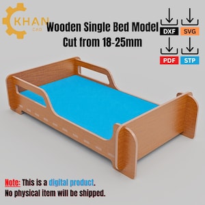 Könnte beinhalten: Ein hellbraunes Einzelbettmodell aus Holz mit einer blauen Matratze. Der Bettrahmen hat ein Ausschnittdesign. Der Text auf dem Bild lautet "Wooden Single Bed Model Cut from 18-25mm". Das Bild besagt auch "Note: This is a digital product. No physical item will be shipped."