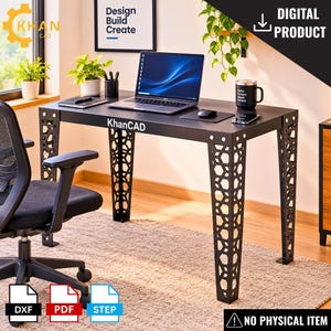 Puede incluir: Un escritorio negro con una superficie rectangular y cuatro patas con un patrón geométrico cortado a láser. La superficie del escritorio muestra el texto KhanCAD. Este producto digital incluye archivos DXF, PDF y STEP, sin artículo físico.
