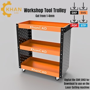 Può includere: Un carrello portautensili da officina arancione e nero con tre ripiani e ruote. Il carrello presenta il testo "KhanCAD" su ogni ripiano e il testo "Workshop Tool Trolley" in alto. Il file digitale è disponibile per il download per l'uso sulla macchina da taglio laser.