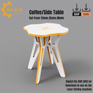 May include: White coffee or side table with a yellow edge. The table has a unique design with four legs that are connected to the table top. The table top is shaped like a cloud. The table is made of plywood and can be cut from 12mm, 15mm, or 18mm thick material. The image includes the text "Coffee/Side Table" and "Cut From 12mm, 15mm, 18mm".