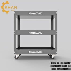 May include: A gray metal cart with three shelves and rolling wheels. The cart has the text "KhanCAD" printed on each shelf. The top left corner features a yellow and orange gear logo with the text "KHAN CAD". The bottom right corner has the text "Digital file [DXF,SVG] for Download to use on the Laser Cutting machine."