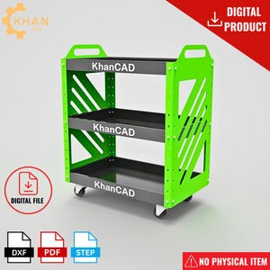 Pode incluir: Um carrinho de armazenamento de três níveis com estruturas laterais verde-brilhante e prateleiras pretas. Cada prateleira apresenta o texto branco KhanCAD. O carrinho inclui quatro rodízios na base e pegas integradas nos painéis laterais.