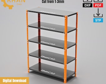 May include: A five-level shelf rack with black shelves and orange supports. The text "Shelf Rack with 5 Level" and "Cut from 1-3mm" are displayed. The image also includes the text "Digital Download" and the Khan CAD logo.