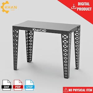 Puede incluir: Un diseño de mesa digital negro con una superficie rectangular y cuatro patas cónicas que presentan un patrón estructural de refuerzo en cruz. La palabra KhanCAD está impresa en el borde frontal. Incluye iconos de archivos DXF, PDF y STEP.