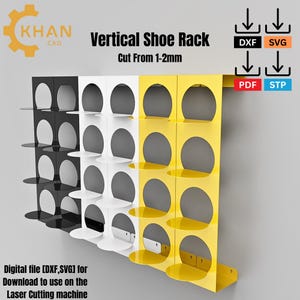 Peut inclure: Étagère à chaussures verticale en noir, blanc et jaune. Le design présente des ouvertures circulaires et des étagères. Le texte sur l'image indique "Vertical Shoe Rack" et "Cut From 1-2mm." Fichier numérique [DXF, SVG] pour le téléchargement.
