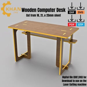 Może przedstawiać: Drewniane biurko komputerowe z brązowym blatem i żółtymi akcentami. Biurko jest wycięte z arkuszy 18, 21 i 25 mm. Obraz zawiera tekst "KHAN CAD" i "Wooden Computer Desk". Plik cyfrowy [DXF,SVG] do pobrania.