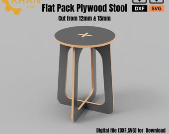 Taburete de madera contrachapada en paquete plano, archivos DXF y SVG / Plano de mueble cortado con láser CNC / Descarga digital de carpintería moderna