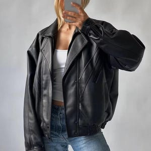 Women Handmade Oversize Bomber Lambskin Real Leather Jacket, Ladies Leather Jacket, Women&#39;s Biker Jacket, Womens Oversized Leather Jacket