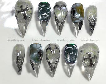 Claw Press-On Nails: Metallic Cross Dark Ice Cyberpunk Nail Art | Handmade Gothic Nail