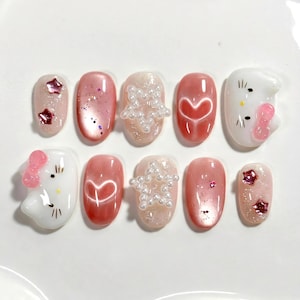 Pink Kitty Press On Nails: Kawaii Cat, 3D Star & Pearls image 1