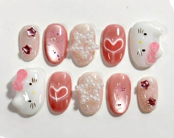 Ongles à presser Kitty rose : chat kawaii, étoile 3D et perles