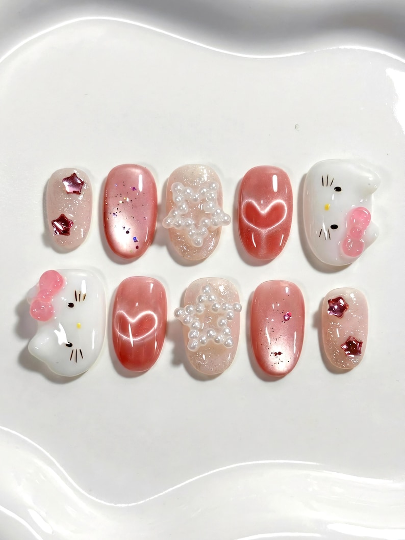 Pink Kitty Press On Nails: Kawaii Cat, 3D Star & Pearls image 1