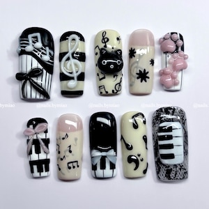 Music Cat Press On Nails: 3D Piano Keys, Black Cat, Treble Clef & Notes