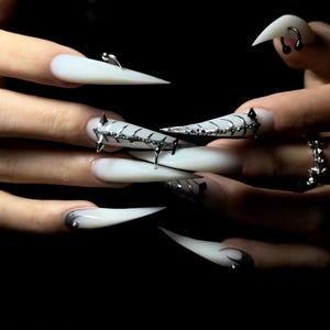 Dragon Claw Press On Nails: White Talons, Silver Chains & 3D Metal Spikes