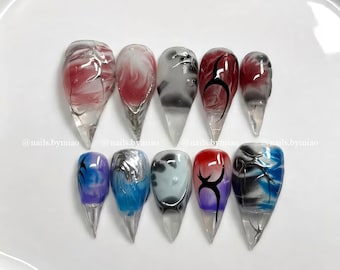 Mystic Claw Press On Nails: Abstract Smudge Art, Deep Blue & Violet Ink\