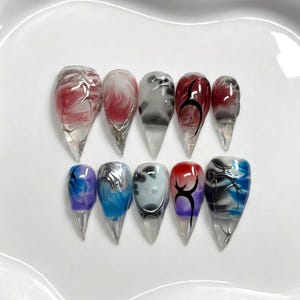 Mystic Claw Press On Nails: Abstract Smudge Art, Deep Blue & Violet Ink\