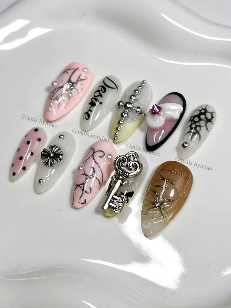 Vintage Gothic Press on Nails: 3D Key, Cross, Pearls & Elegant Script ...