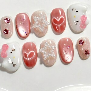 Pink Kitty Press On Nails: Kawaii Cat, 3D Star & Pearls image 3