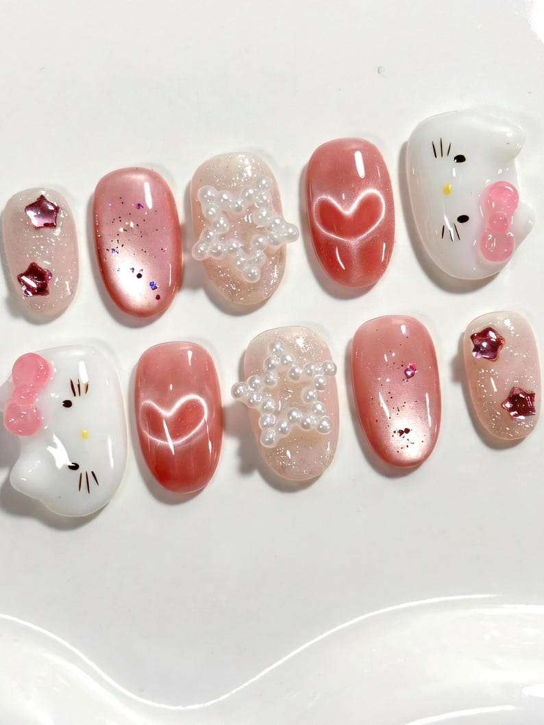Pink Kitty Press On Nails: Kawaii Cat, 3D Star & Pearls image 3