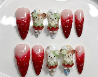 Decora Strawberry Press On Nails: 3D Animal Charms and Red Ombre Drip