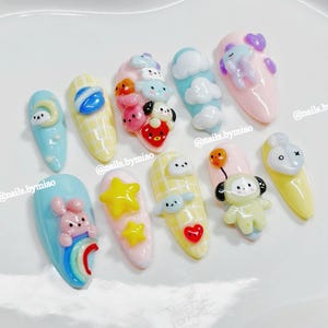 Kpop Press On Nails: 3D Cloud Rainbow and Star Gel Nail Art
