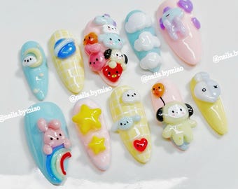 Kpop Press On Nails: 3D Cloud Rainbow and Star Gel Nail Art