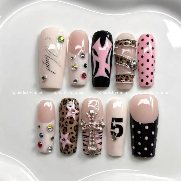 Cross Leopard Press On Nails: Coquette Rhinestones Nails, Star Accent & Y2K Gothic Details